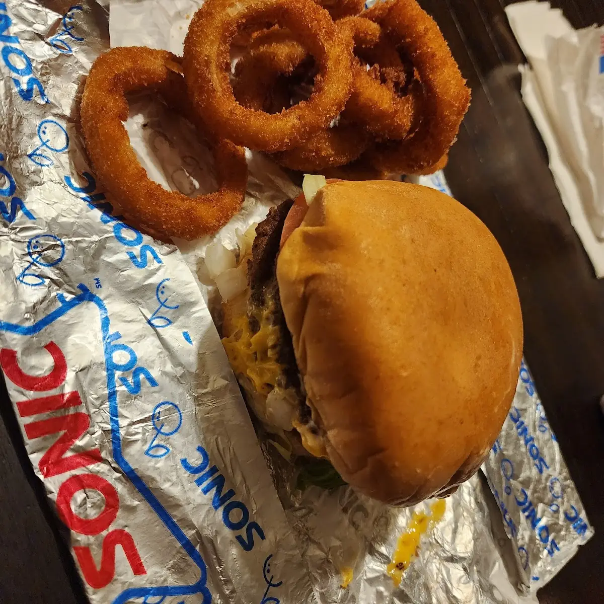 Double Cheese Burger and Onion Rings