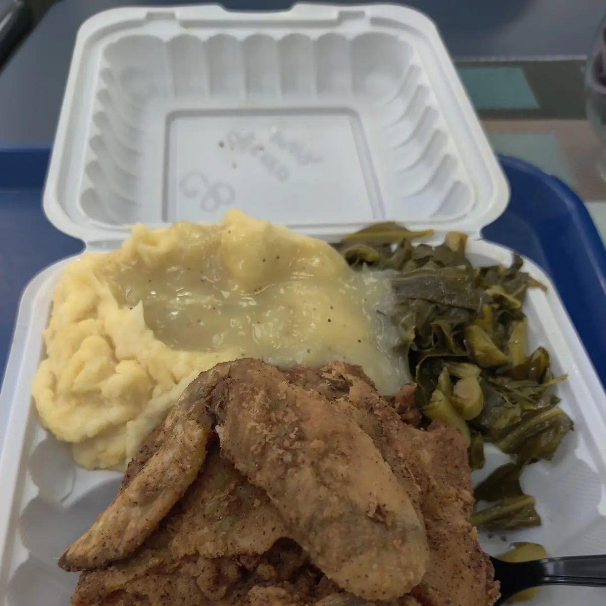 Fried Chicken Cornbread Mashed Potatoes and Gravy with Collard Greens