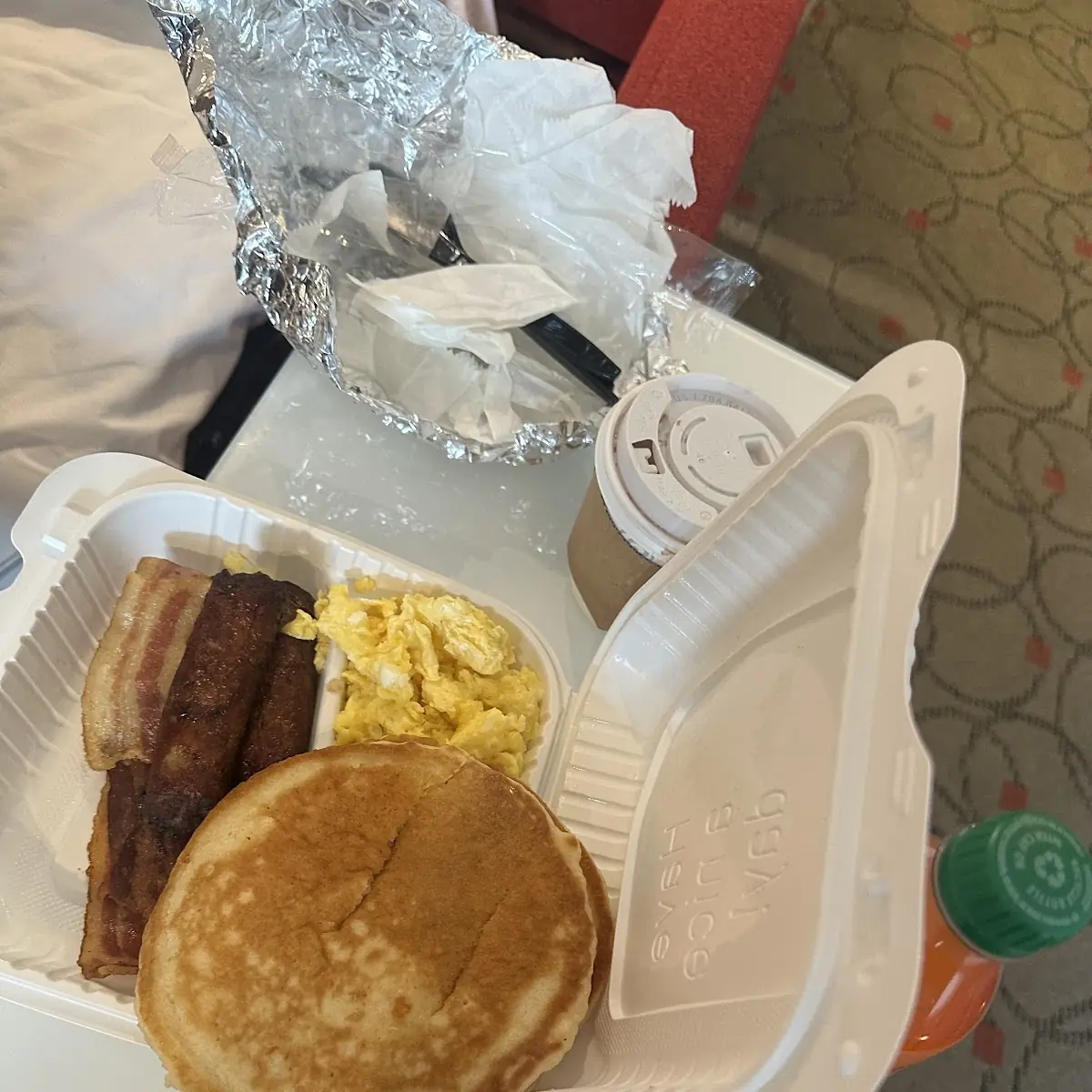 Pancakes Cheese Eggs Maple Sausage Links and Bacon