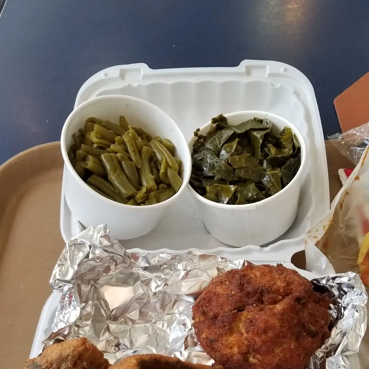Whiting Fish Collard Greens String Beans Crab Cakes