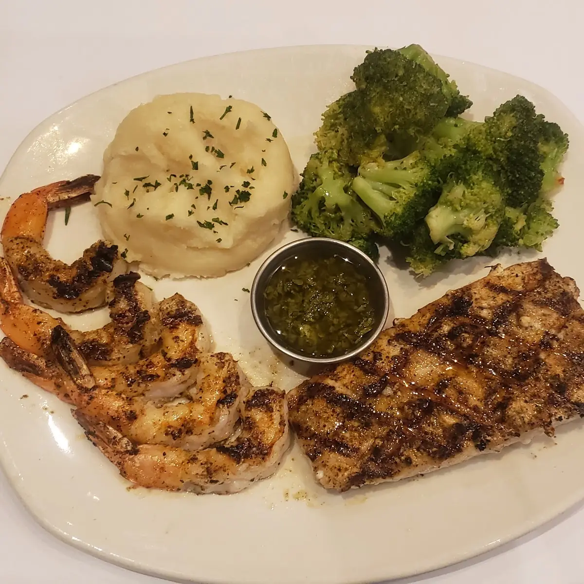 Mahi Mahi and Shrimp with Broccoli and Mashed Potato