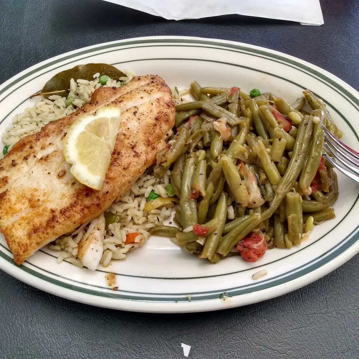 Trigger Fish over Rice Pilaf with Southern Green Beans