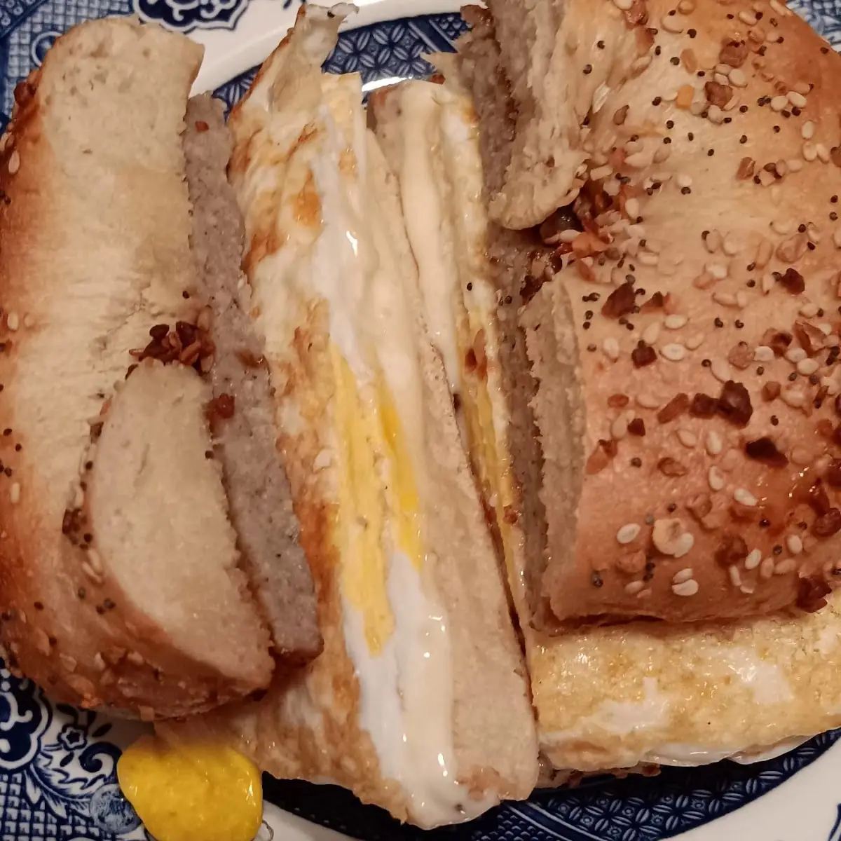 Egg Cheese Sausage on Everything Bagel