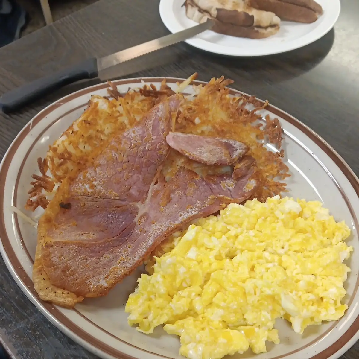 Country Ham Hash Browns Scrambled Eggs Side Pancakes