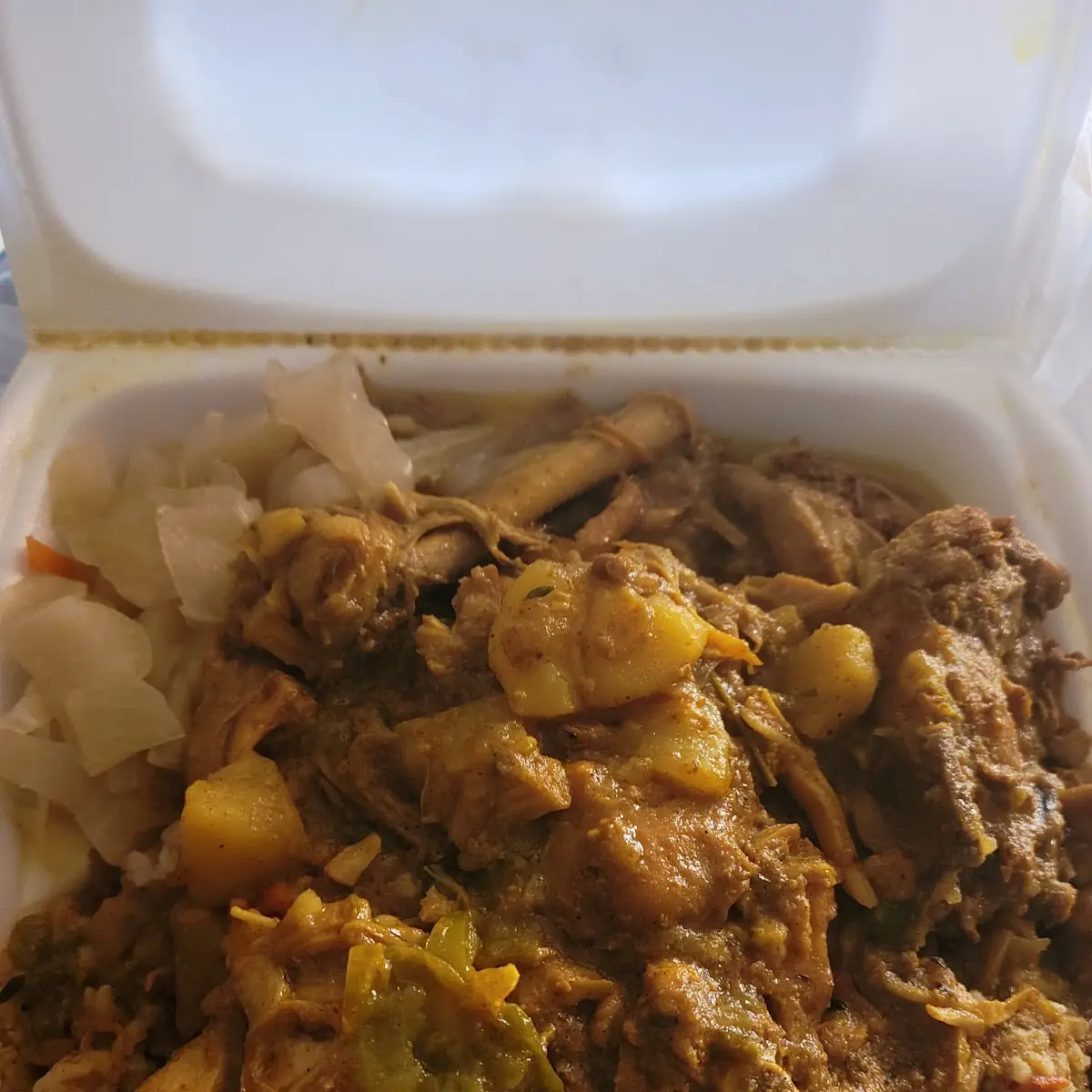 Curry Chicken over Rice & Beans & Cabbage