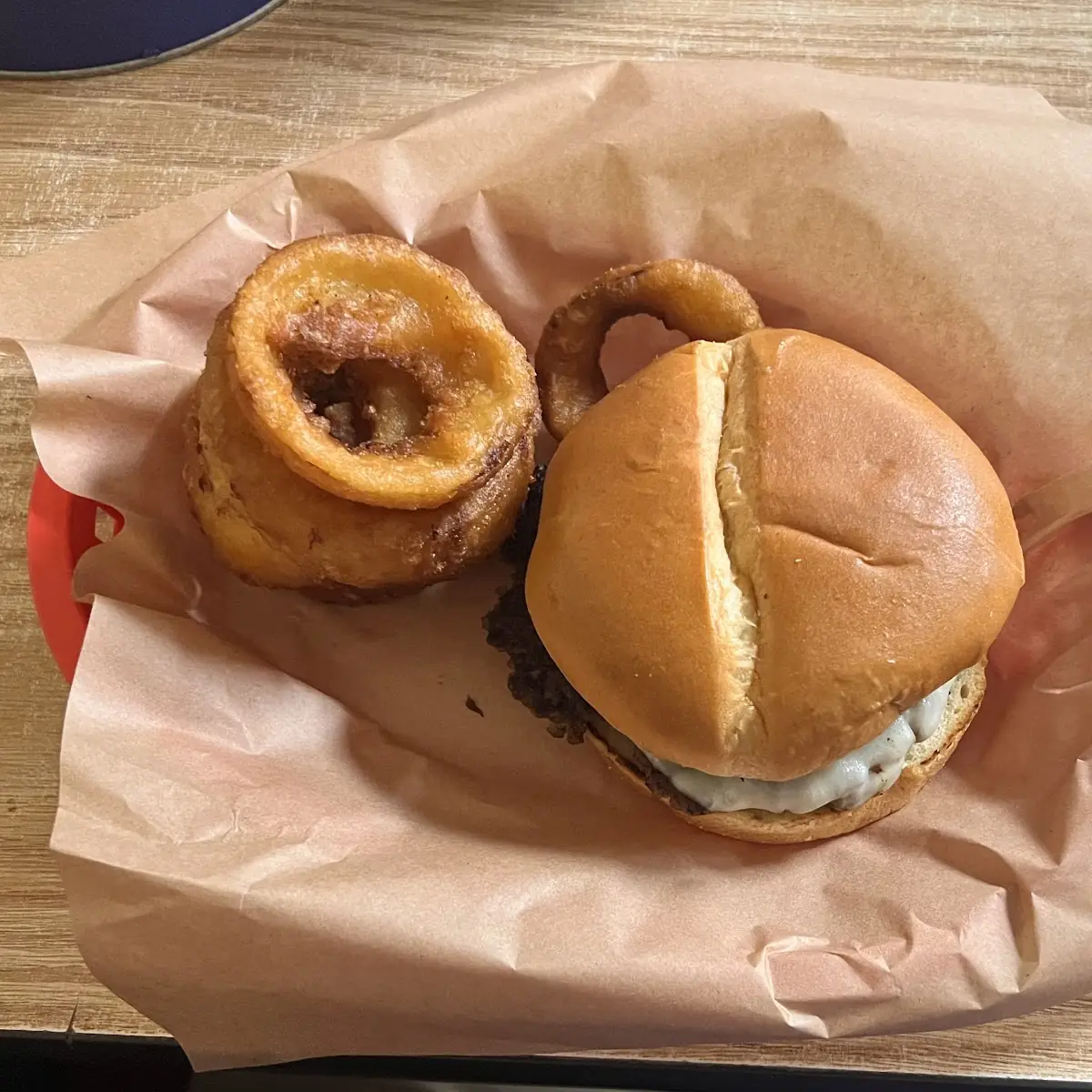 Mushroom Swiss Burger with Onion Rings