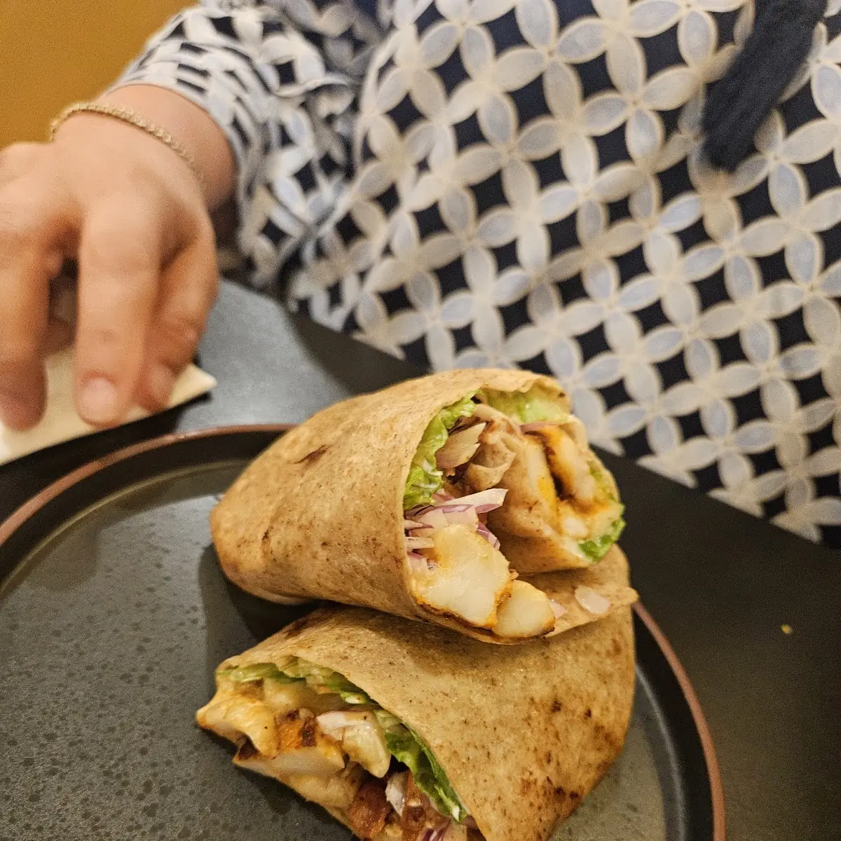 Buffalo Chicken and Garlic Hummus Wrap