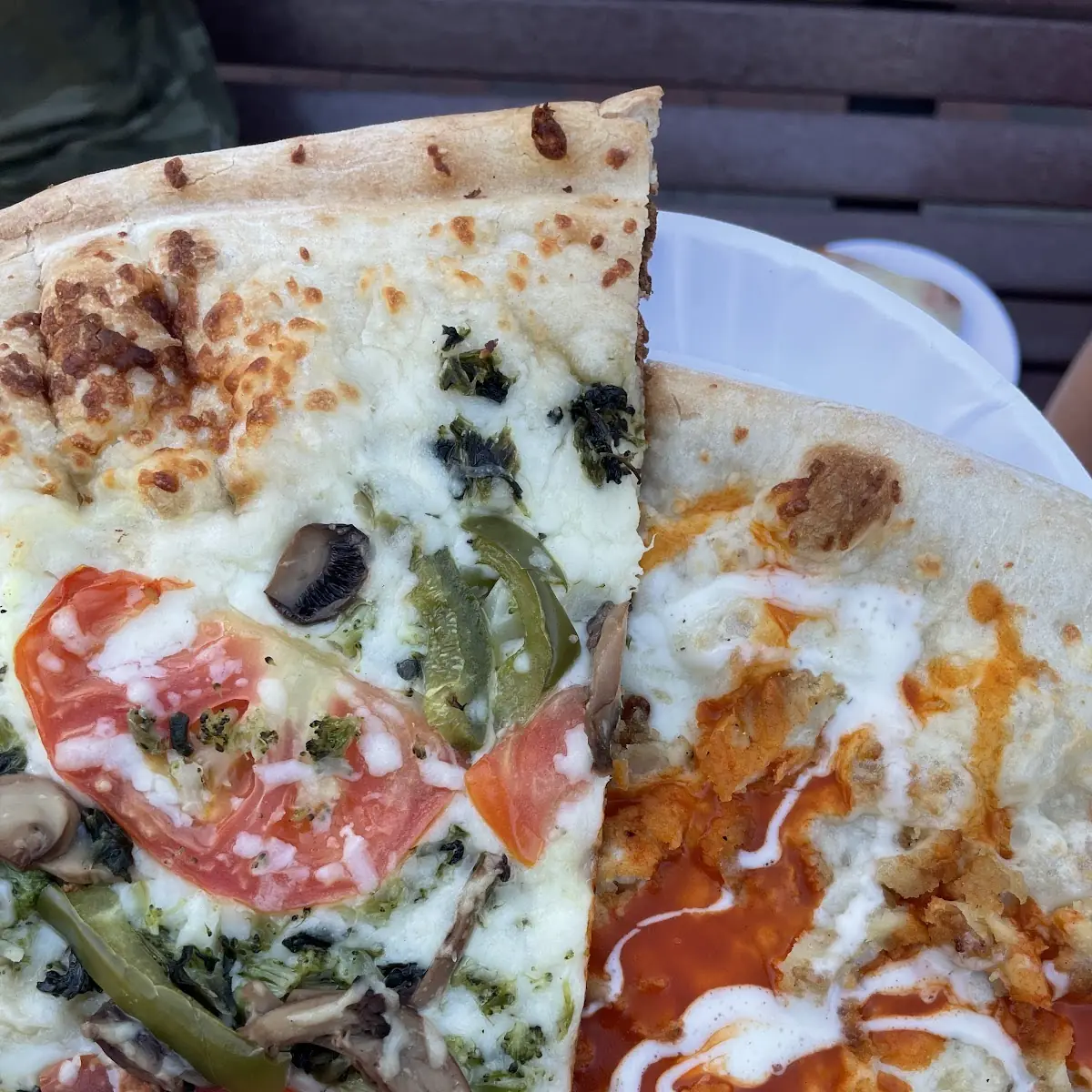 Vegetable Pizza Slice and Buffalo Chicken Pizza