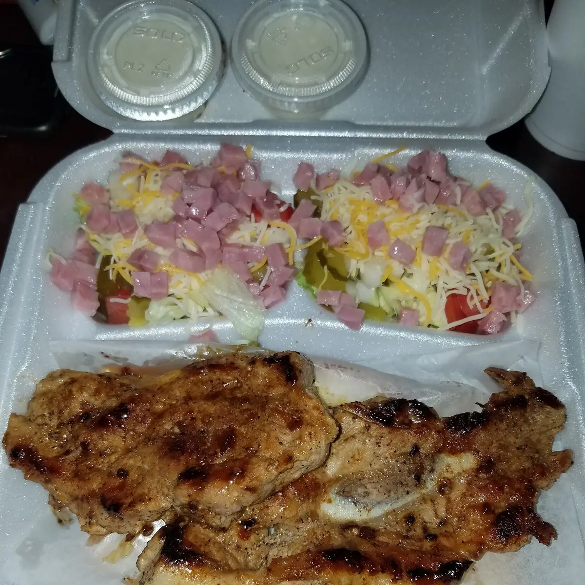 Grilled Pork Chop Plate with Ham Salad