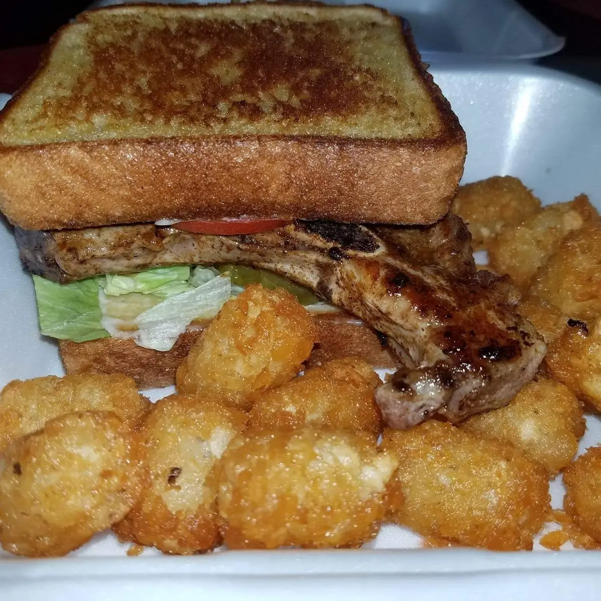 Pork Chop Sandwich and Tots