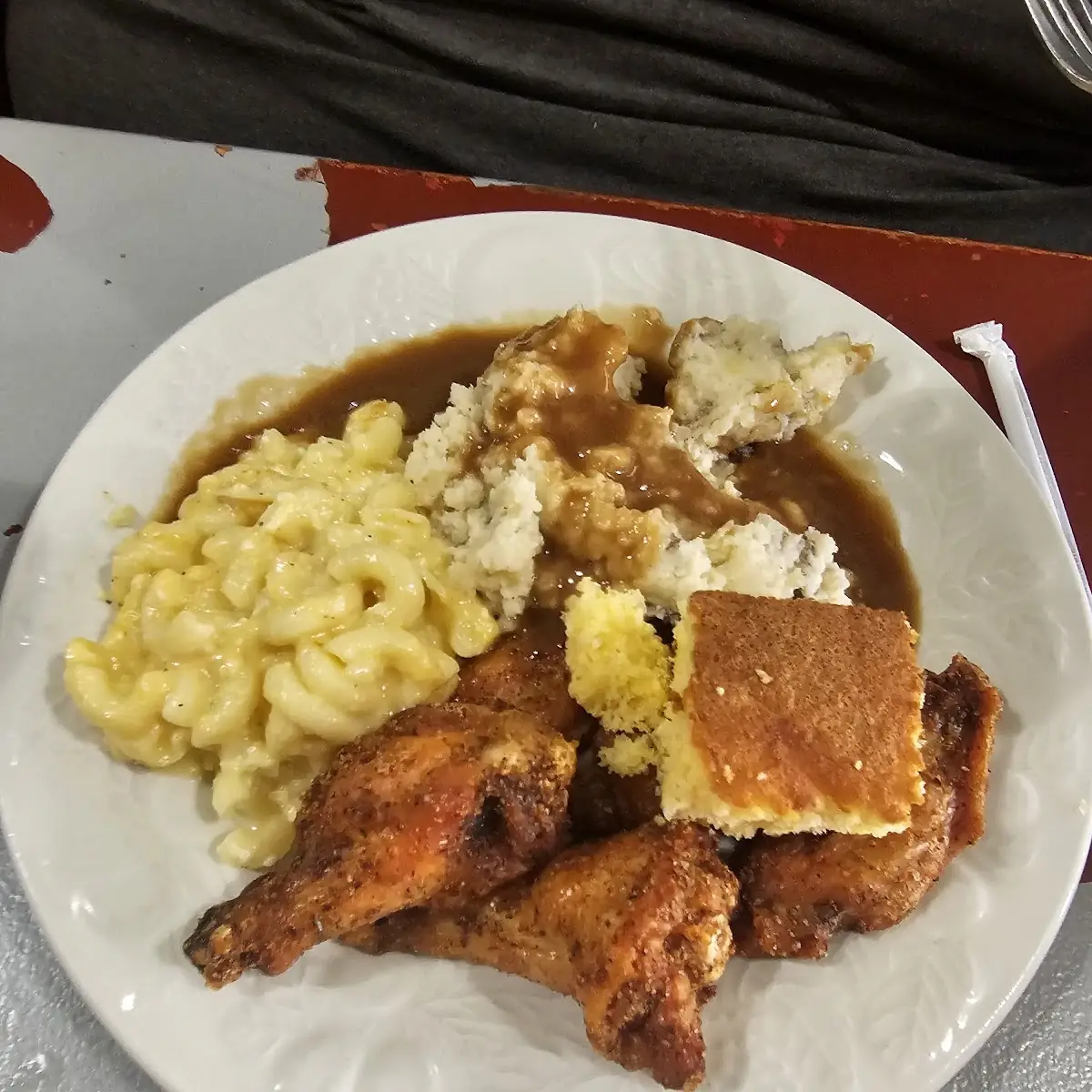 Chicken Wings with Mac and Cheese and Mashed Potatoes and Gravy