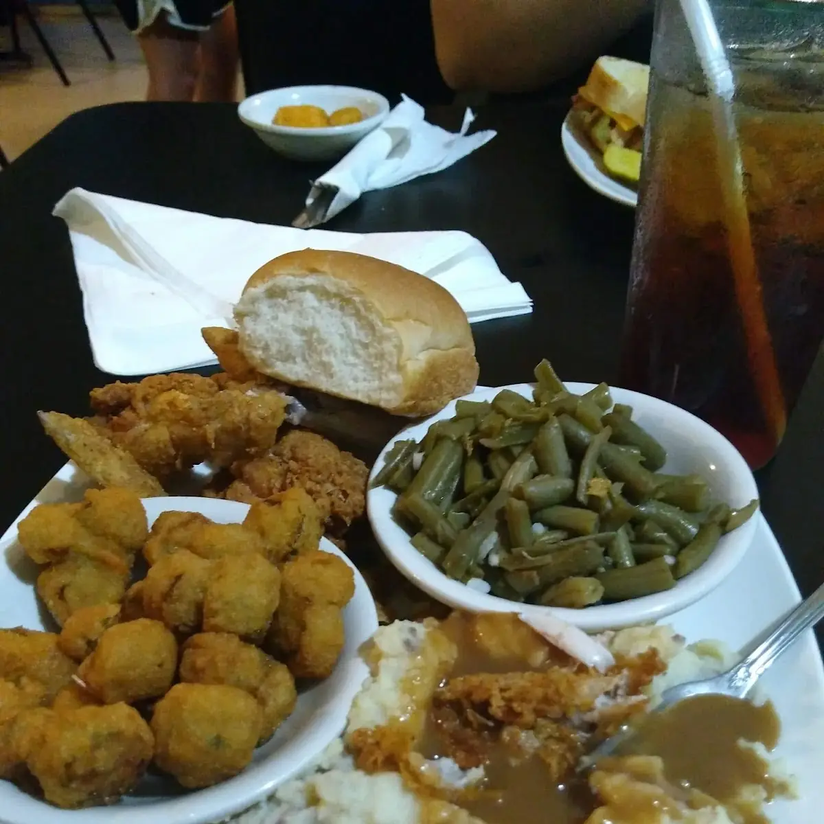 Green Beans Mashed Potatoes and Gravy Corn Nuggets Chicken Strips
