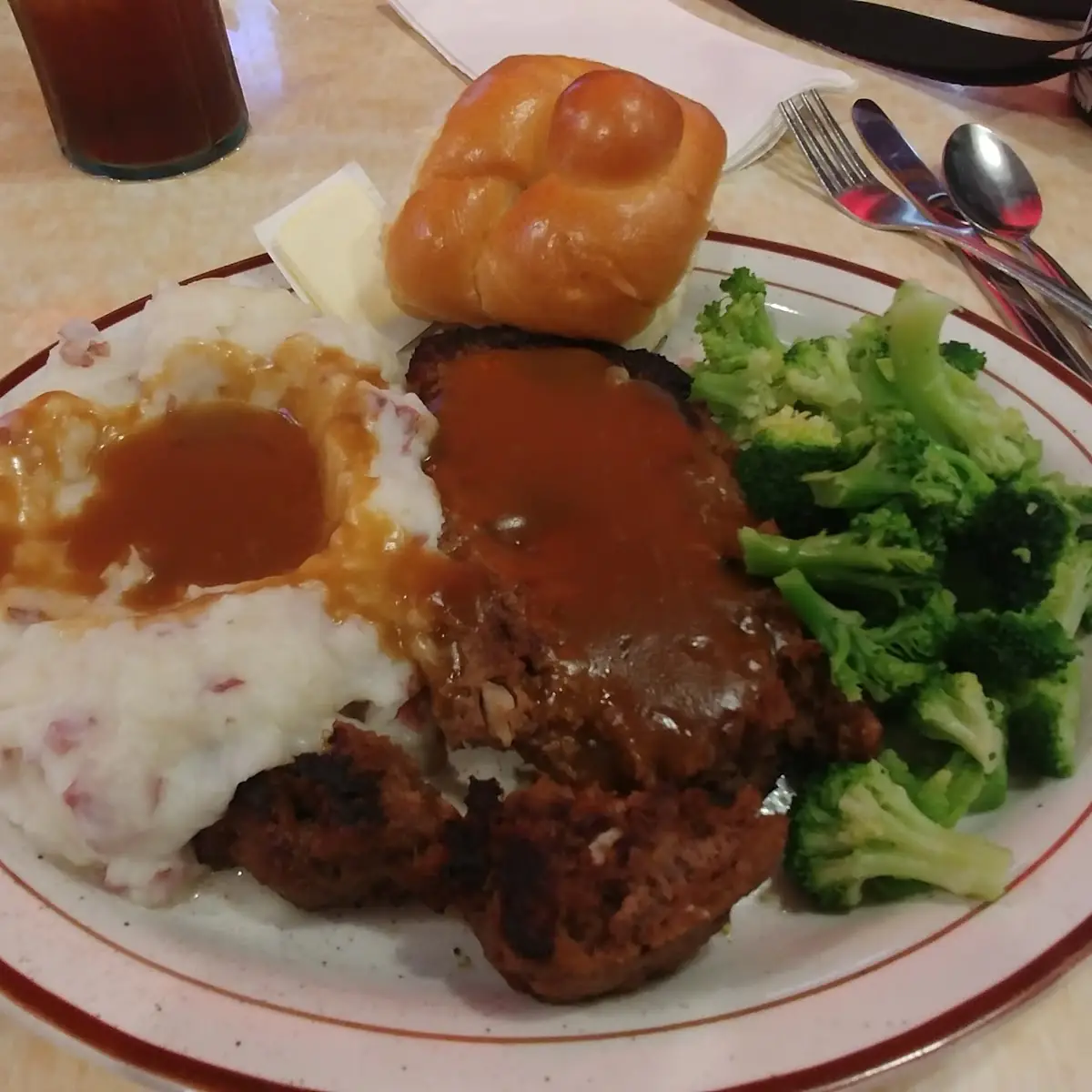 Meatloaf Dinner with Mashed Potatoes and Gravy and Broccoli