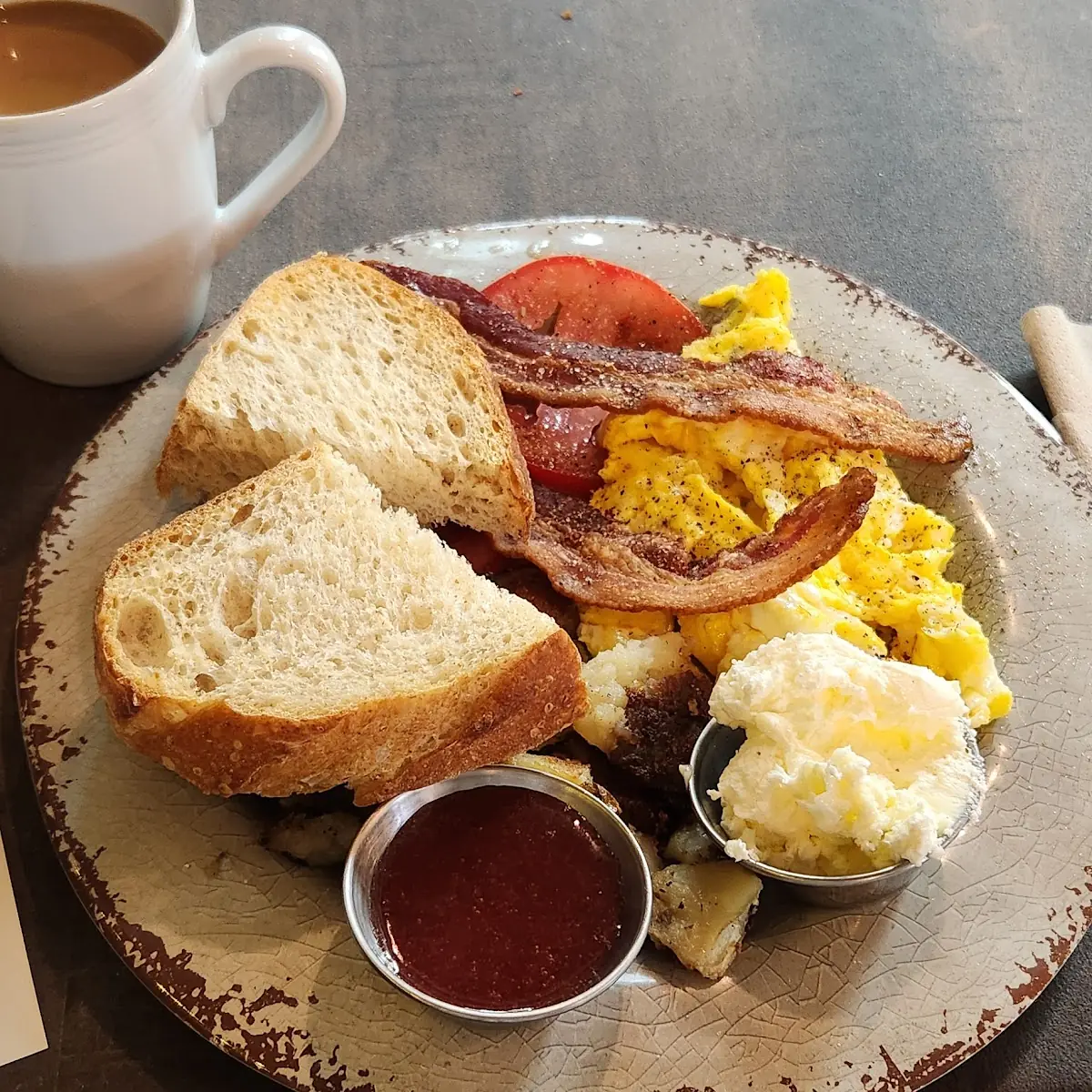 Classic Breakfast with Eggs Scrambled and Coffee