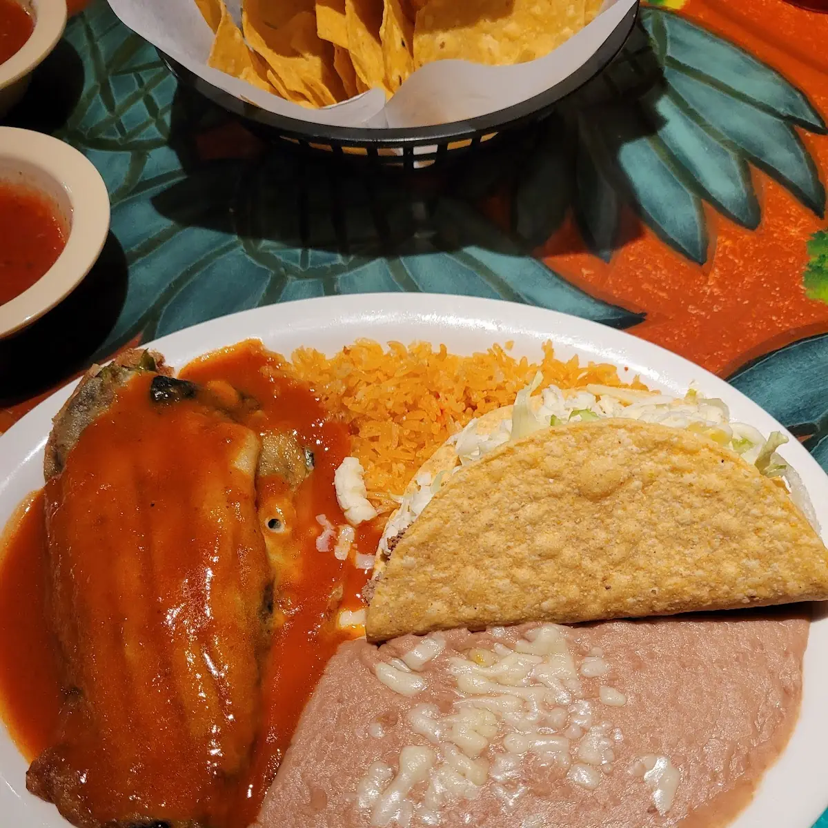 Chile Relleno Beef Taco Rice and Beans