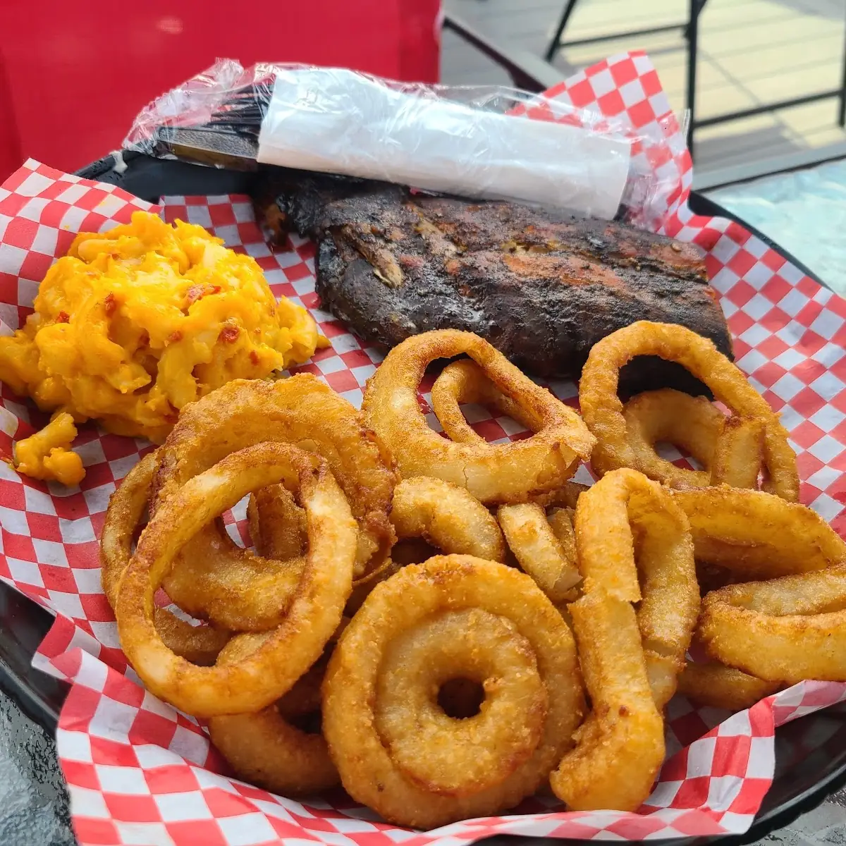 Pulled Pork Ribs Smoked Mac N Cheese Onion Rings
