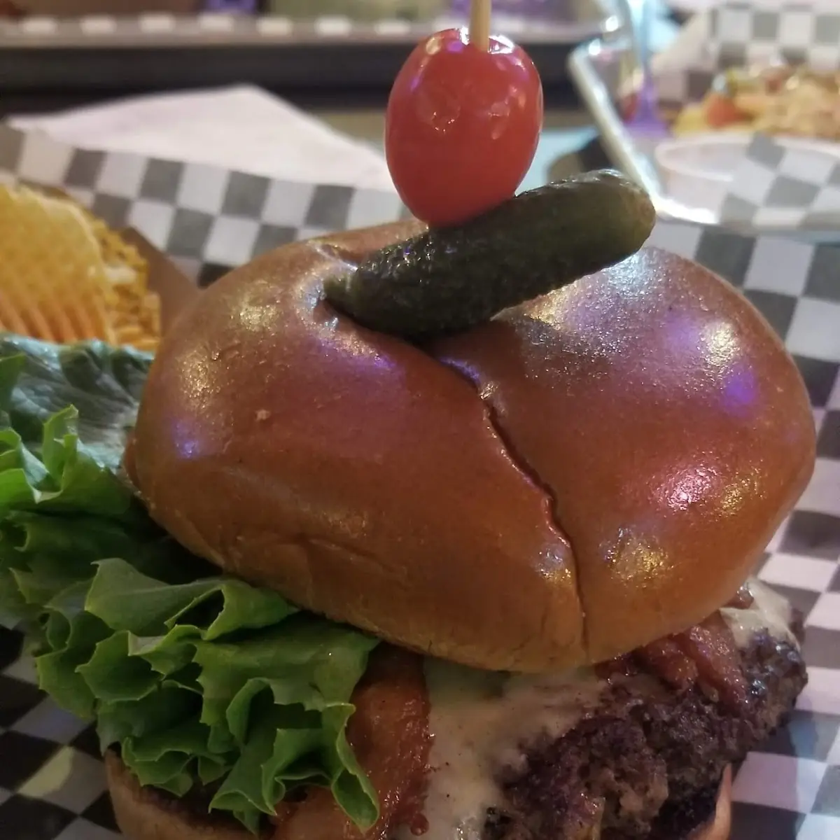 Fried Pickle Burger and Fries with Cheese