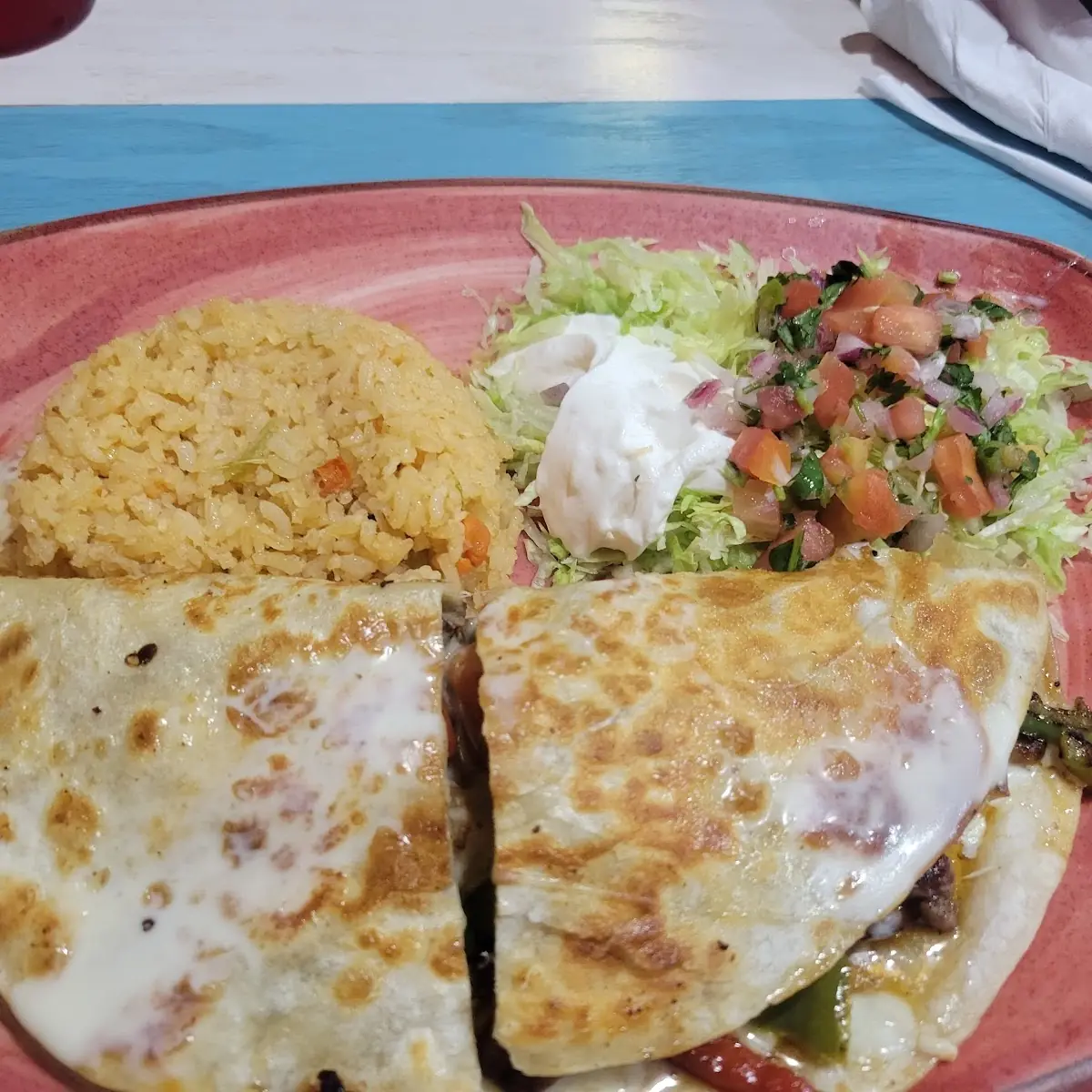 Combo 14. Chicken Quesadilla, Burrito & Rice