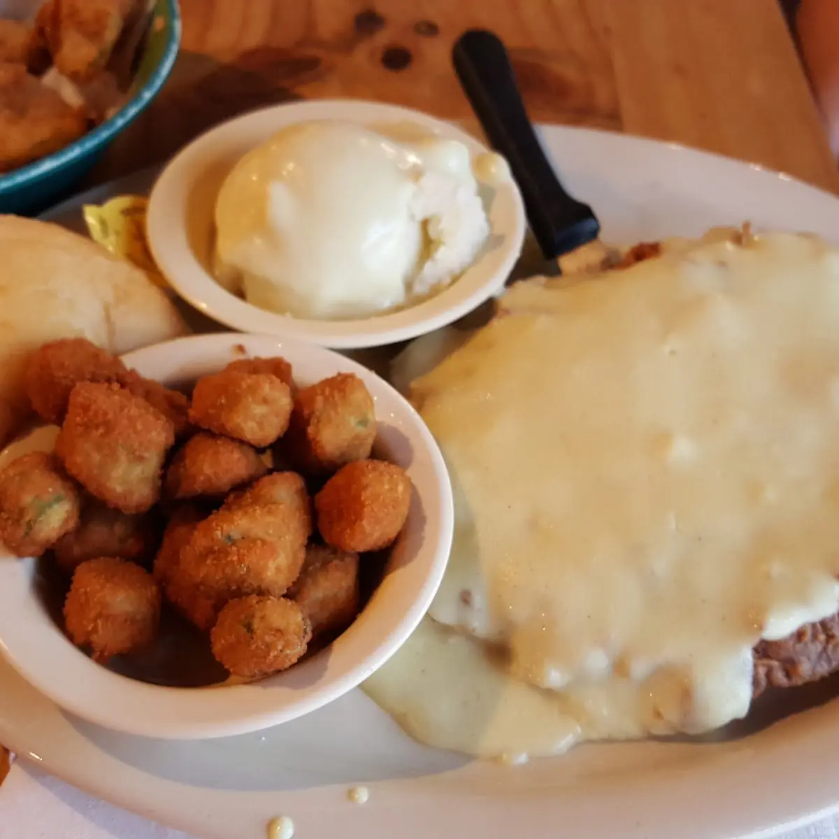 Chicken Fried Steak Mashed Potatoes and Fried Okra