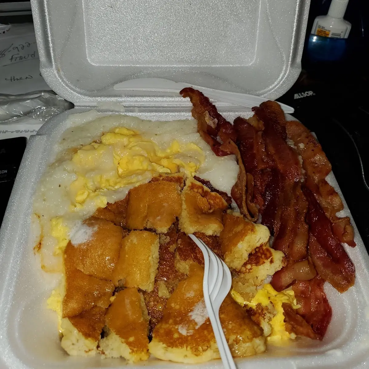 Cheese Eggs Bacon Grits Pancake Combo