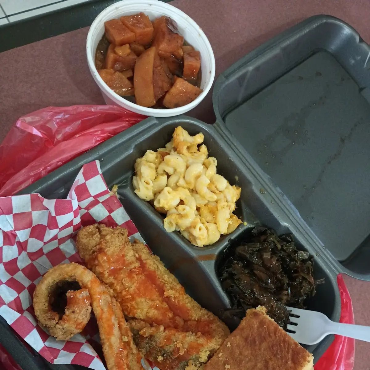 Fried Fish Collard Greens Mac and Cheese & Cornbread