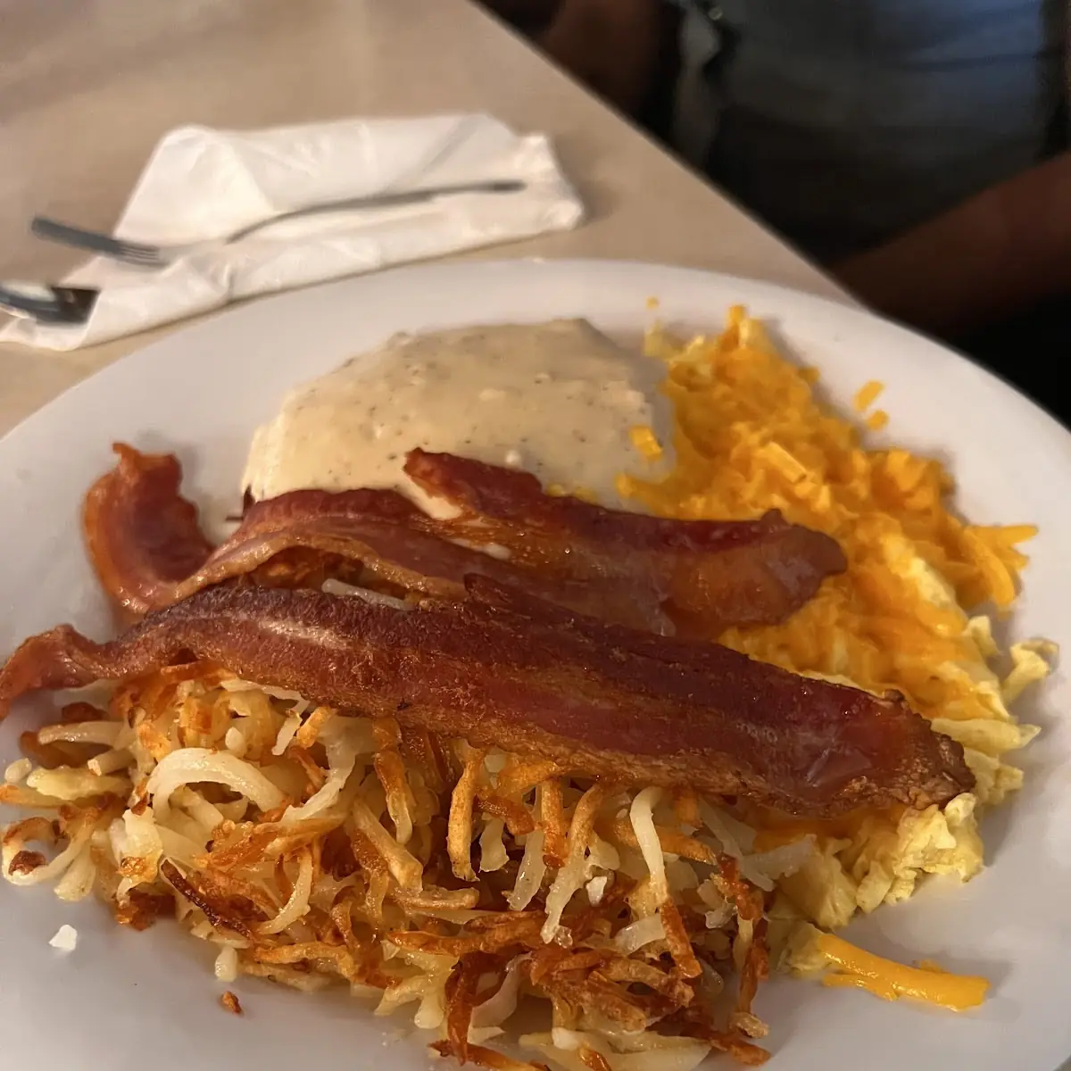 Cheesy Scrambled Eggs Hash Browns and Beans