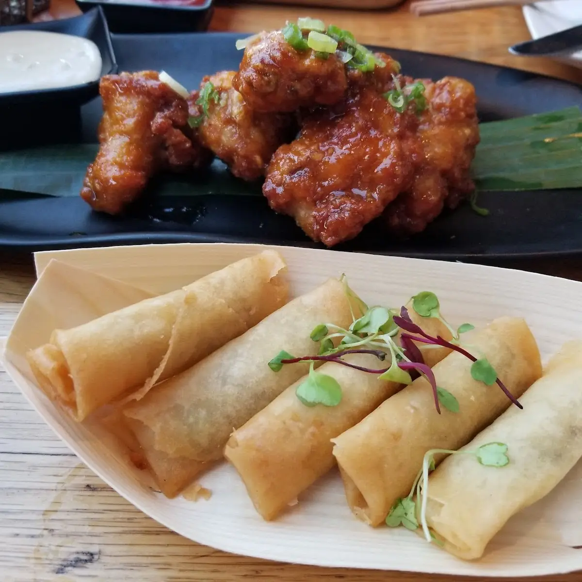 Spring Rolls and Soy Garlic Wings