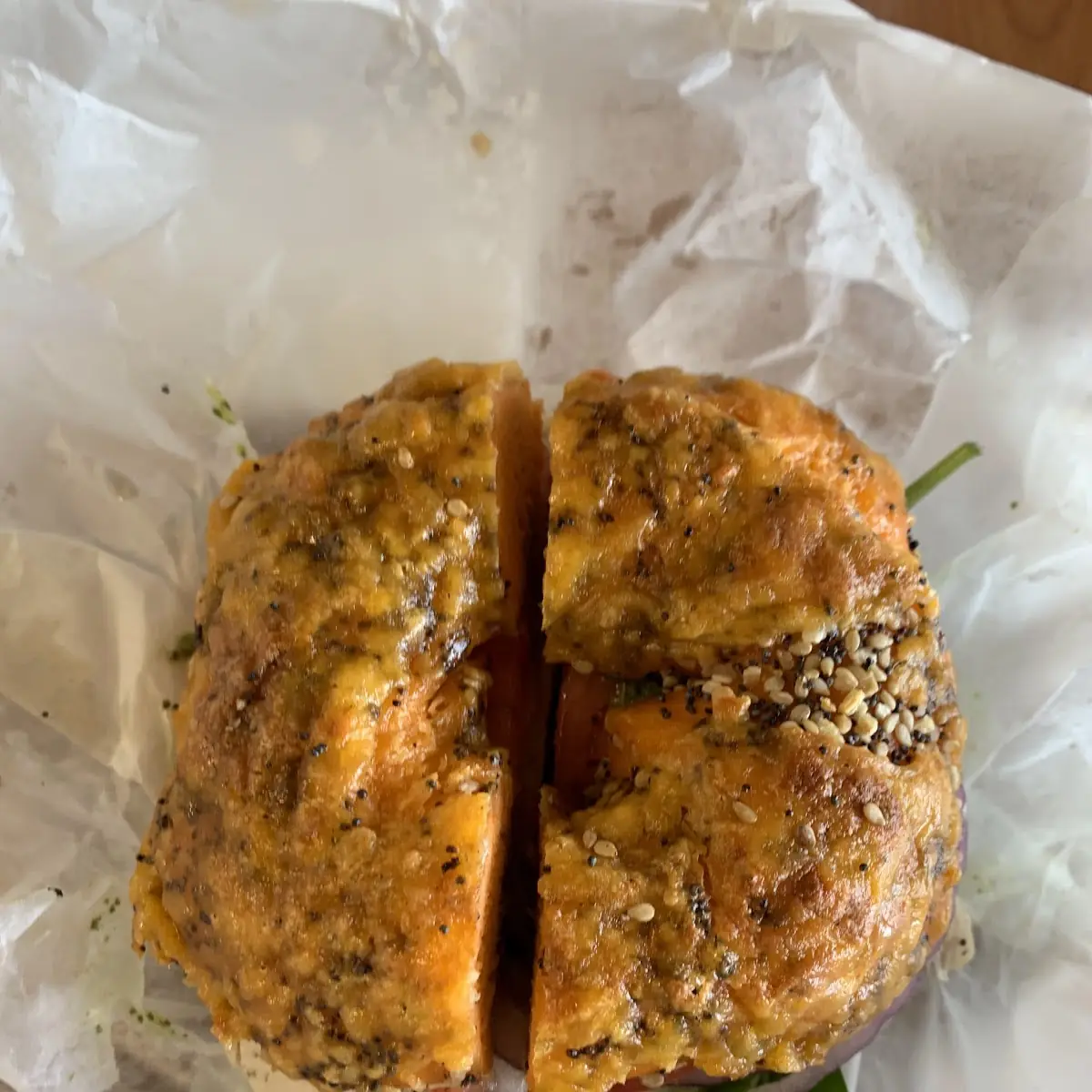 Chicken Pesto on a Cheese Everything Bagel
