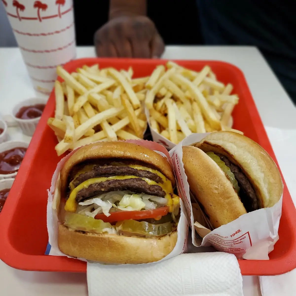 Double Double Cheeseburger with Fries and Onions Plus Drink