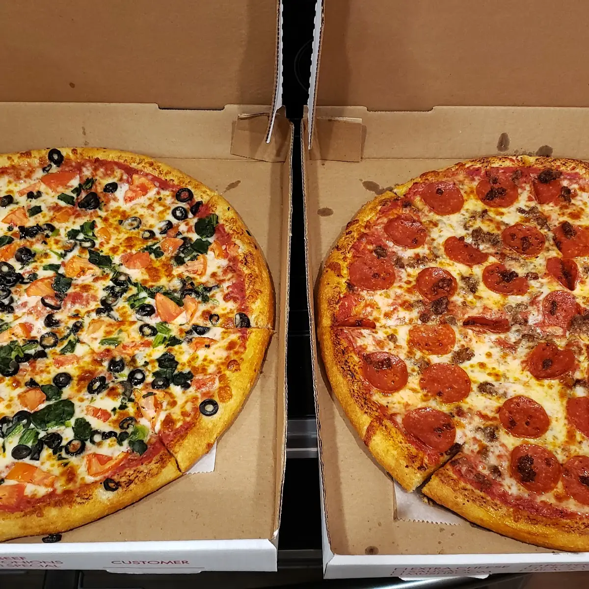 Pepperoni Beef and Spinach Black Olive Tomato Pizzas
