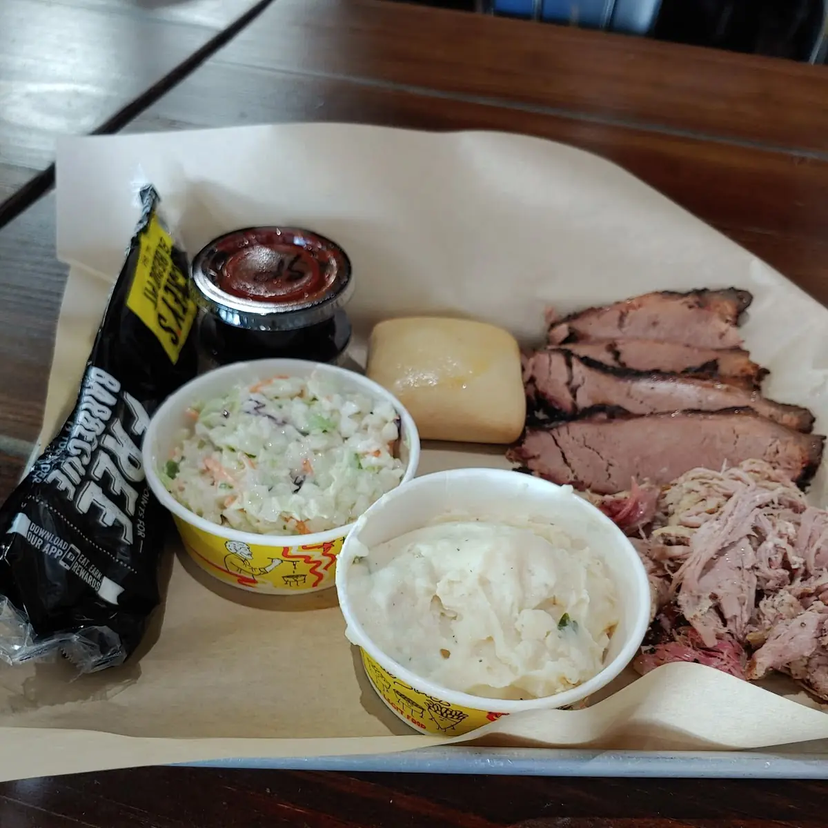 Pulled Pork Brisket Cole Slaw and Loaded Mashed Potatoes