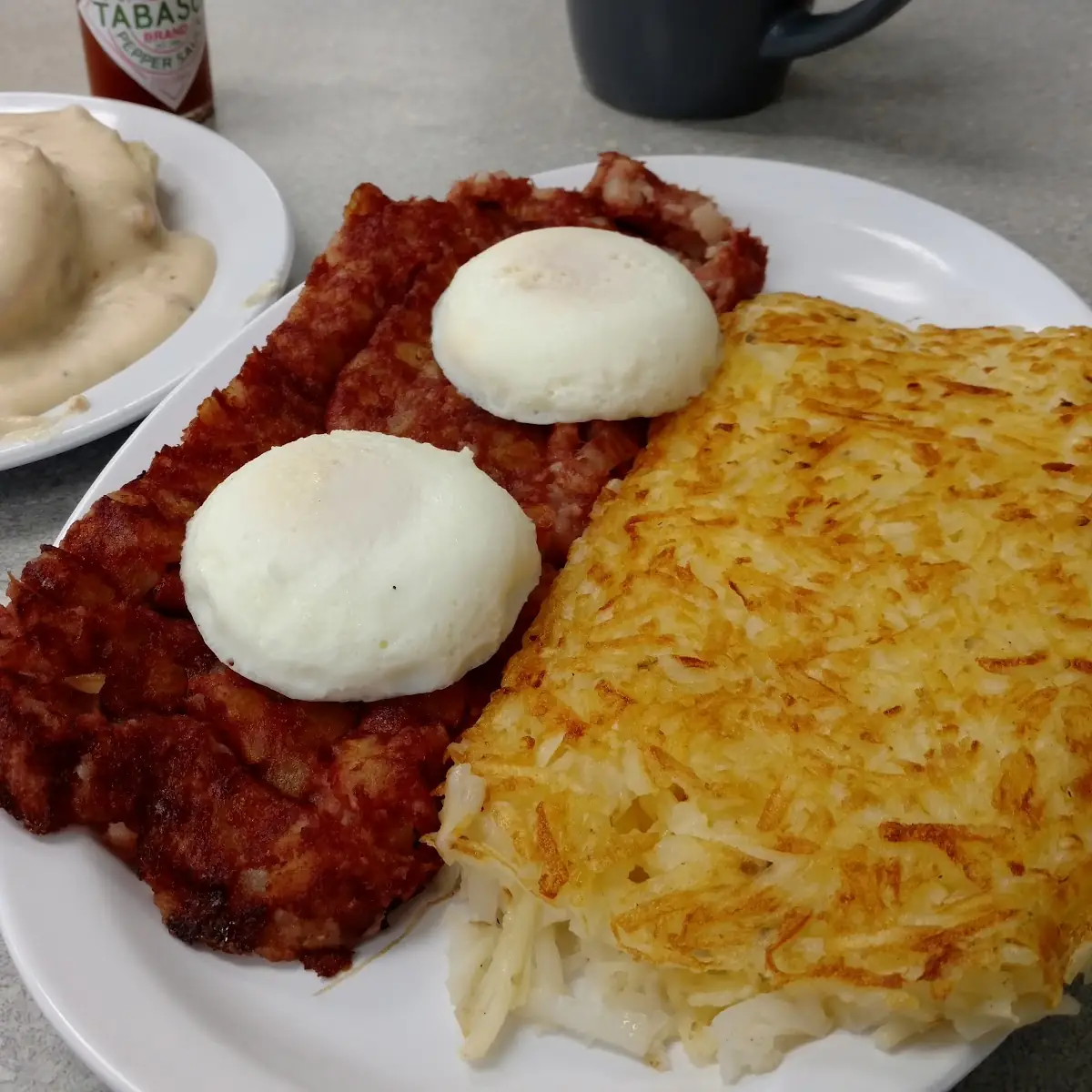 Corned Beef Hash Poached Eggs w Hash Browns & Biscuits and Gravy