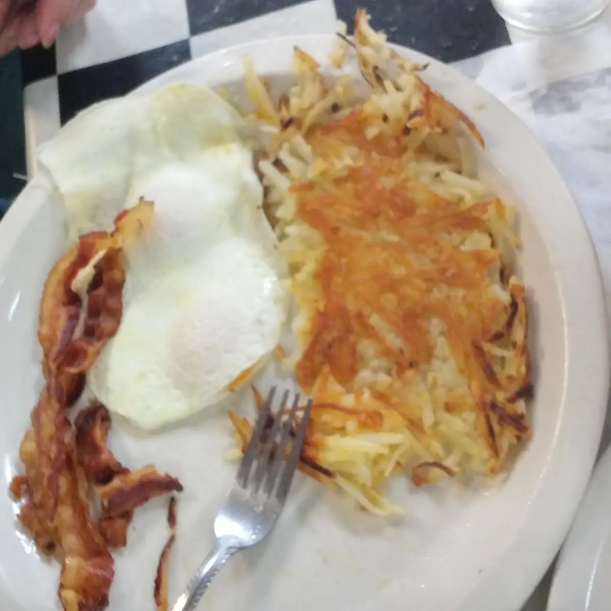 Hash Browns Crisp Eggs over Easy Bacon