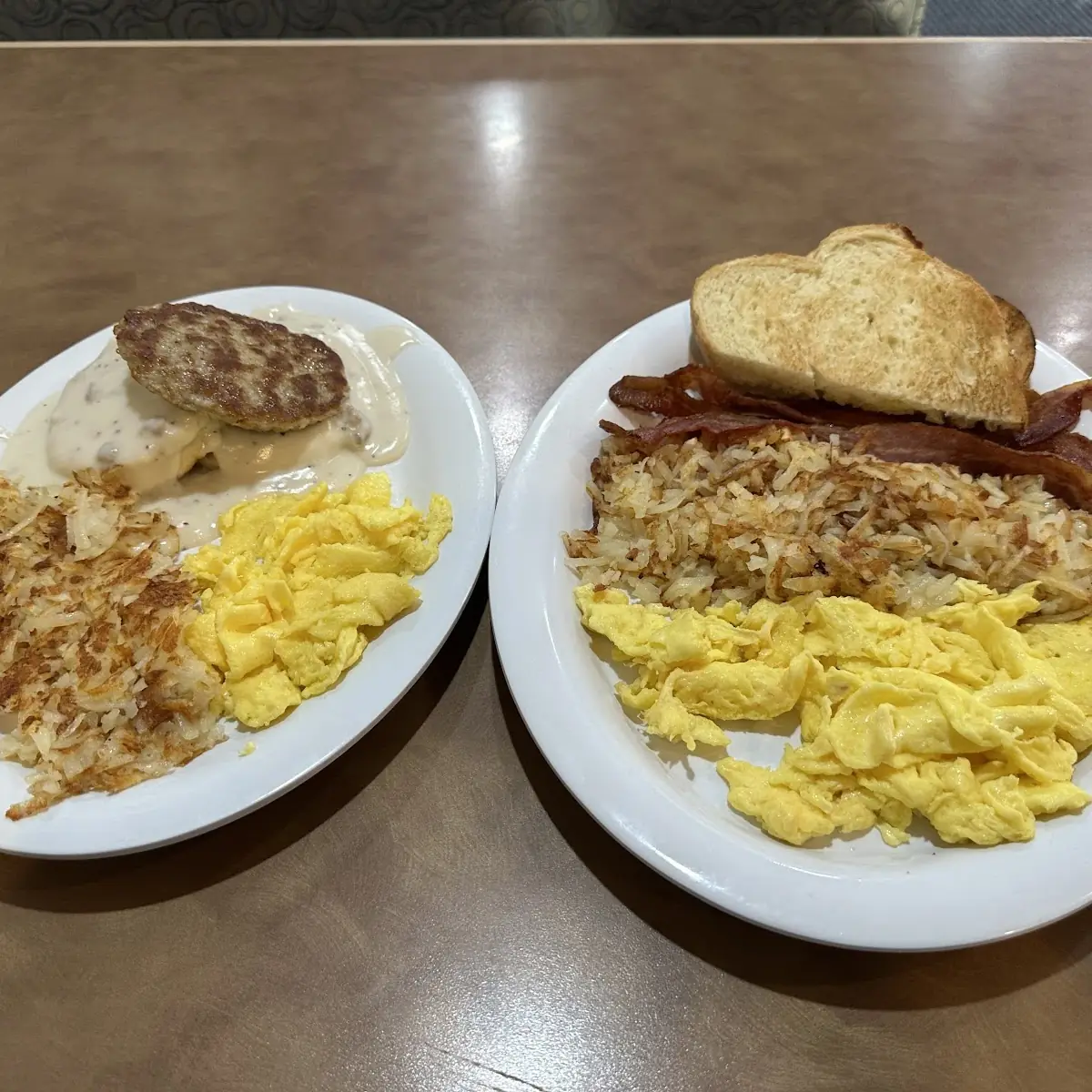 Eggs Hash Browns Biscuits and Gravy White Toast and Bacon