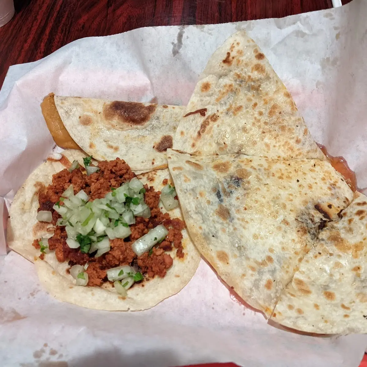 Chorizo Taco and Carne Asada Quesadilla