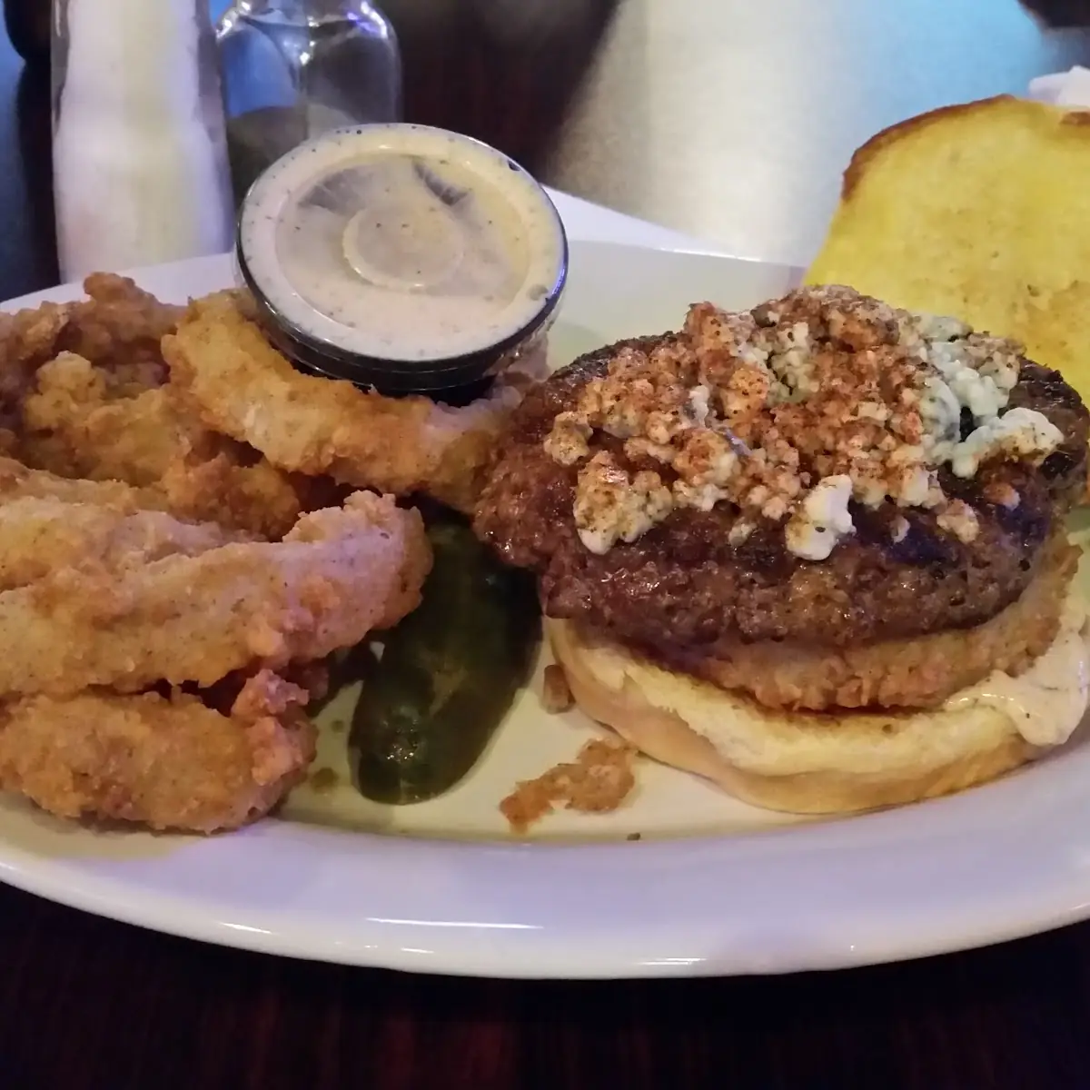 Black and Blue Burger and Onion Rings