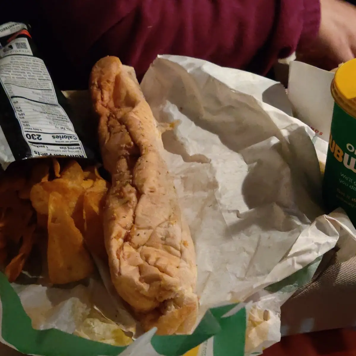 Meatball Sub with American Cheese Barbecue Chips Soda