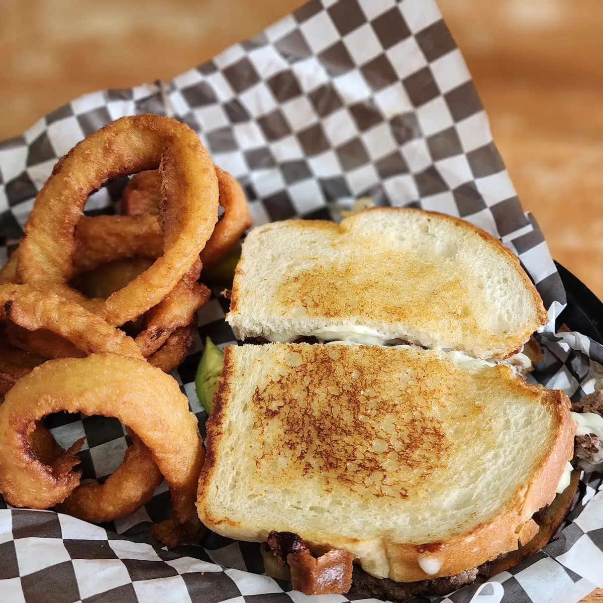 Sourdough Cheeseburger and Onion Rings
