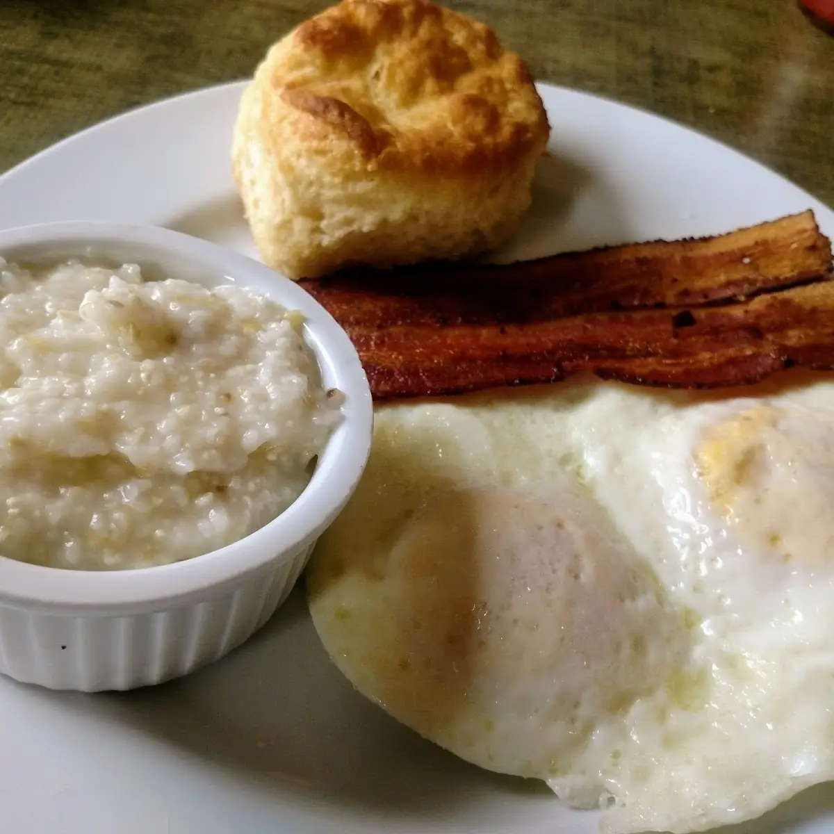 Eggs Stone Ground Grits Bacon and Biscuit