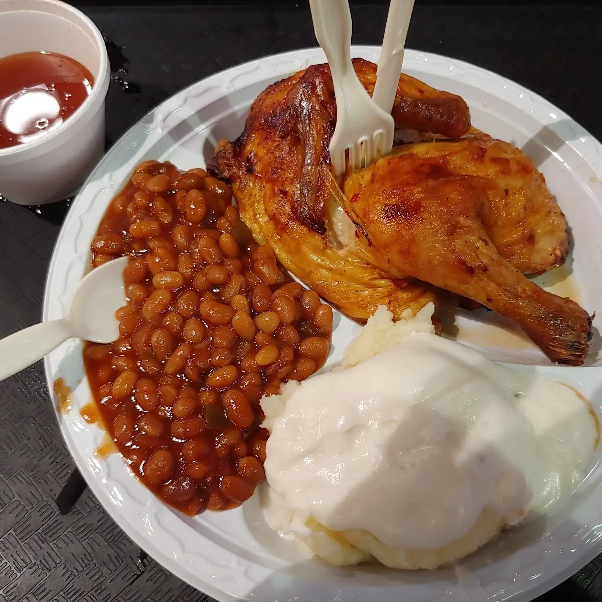 BBQ Chicken with Baked Beans and Mashed Potatoes