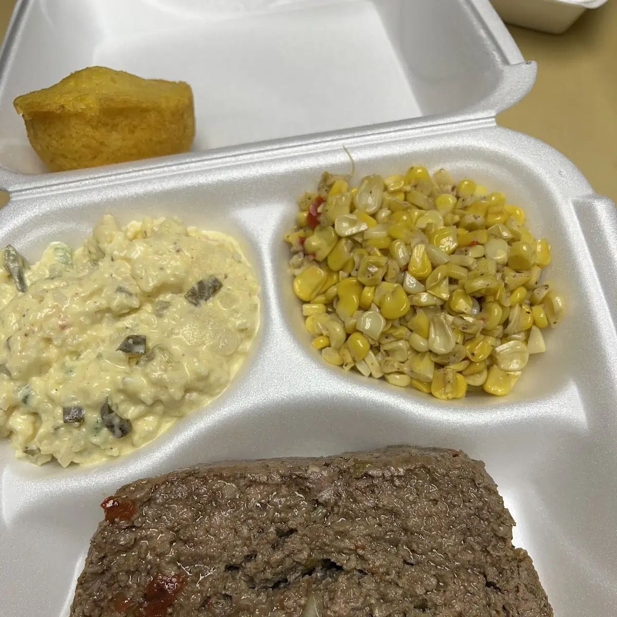 Meatloaf Potato Salad Fried Corn