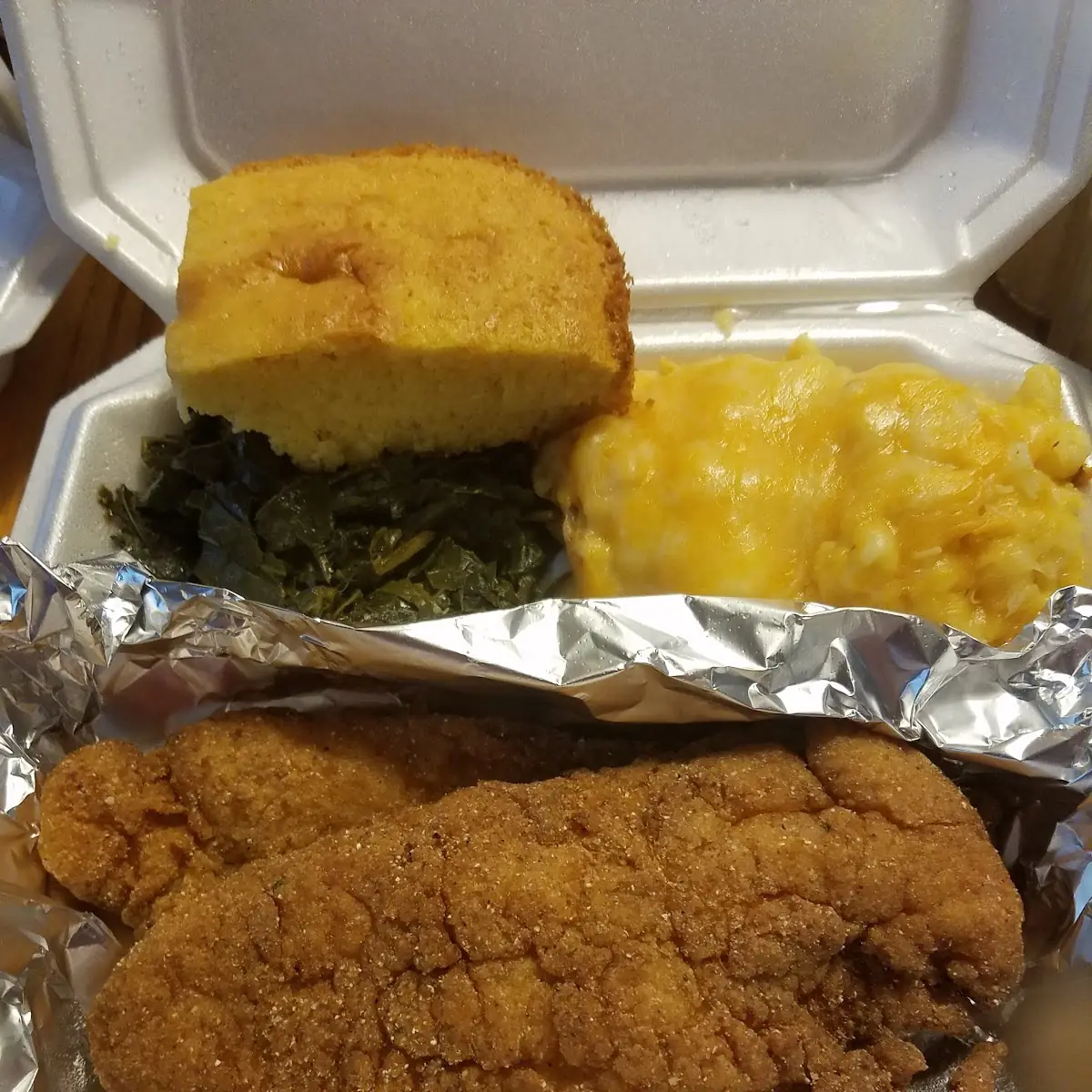 Catfish Mac & Cheese Cornbread & Greens
