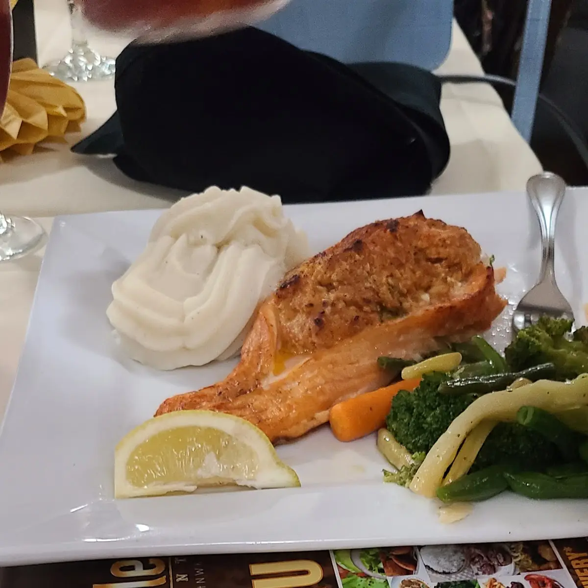 Stuffed Salmon w Mashed Potatoes and Steamed Vegetables
