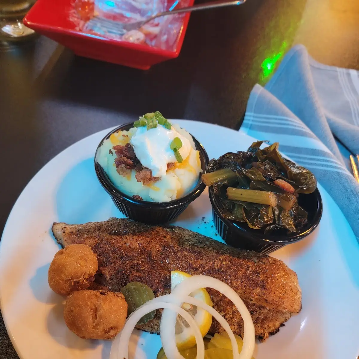 Blackened Catfish with Loaded Mashed Potatoes and Collard Greens