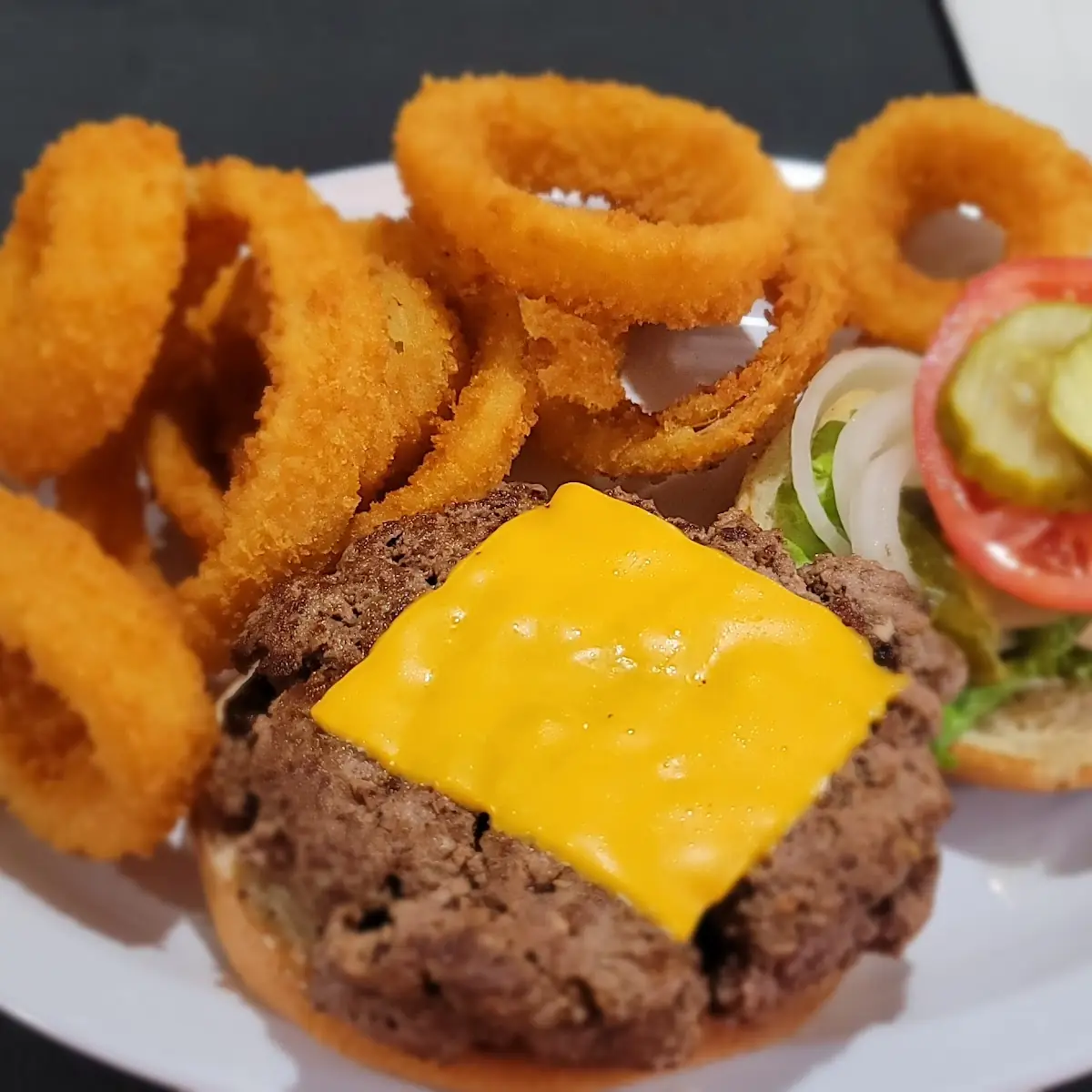 Dressed Cheeseburger and Onion Rings