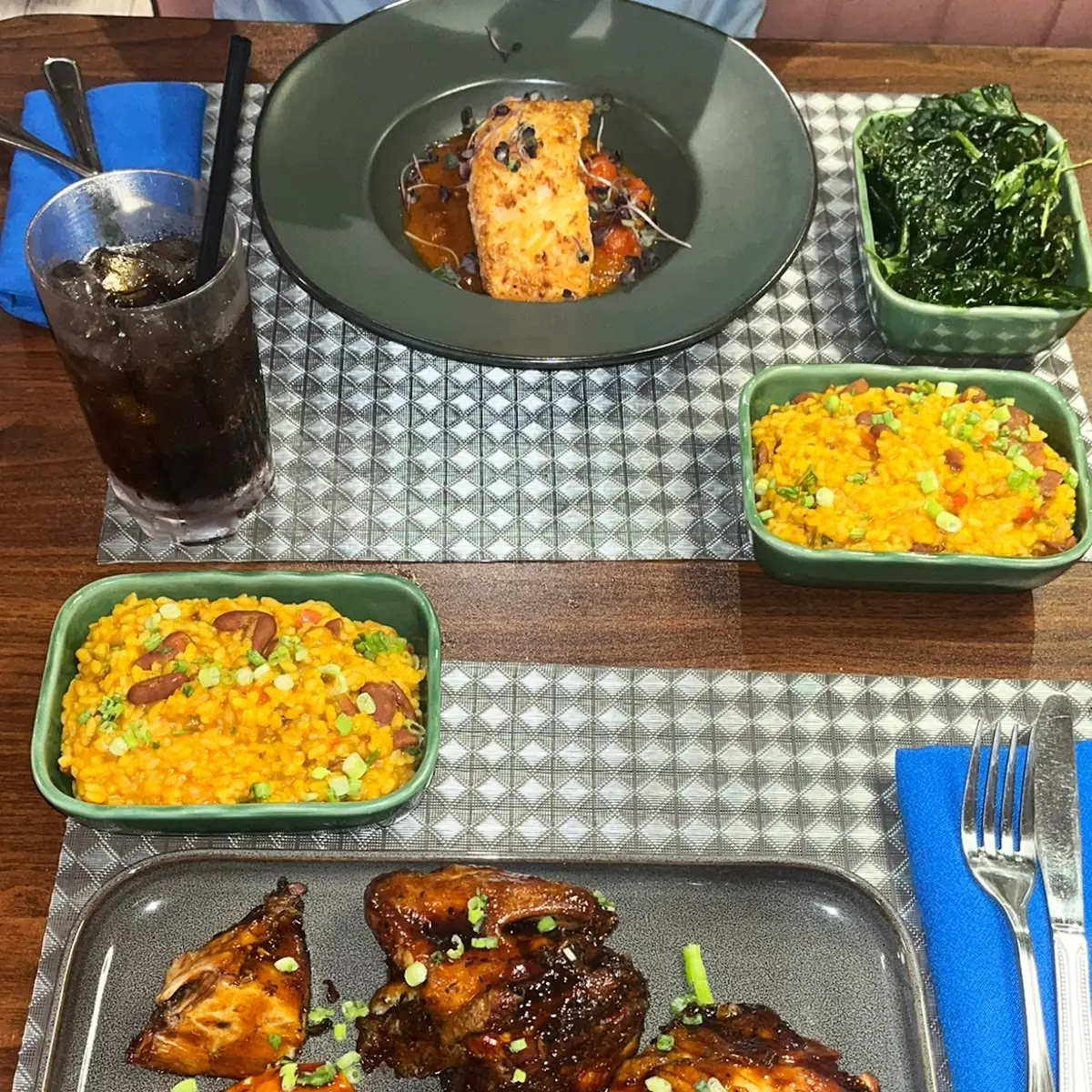 BBQ Half Chicken Salmon Teriyaki Rice & Beans & Crispy Spanich