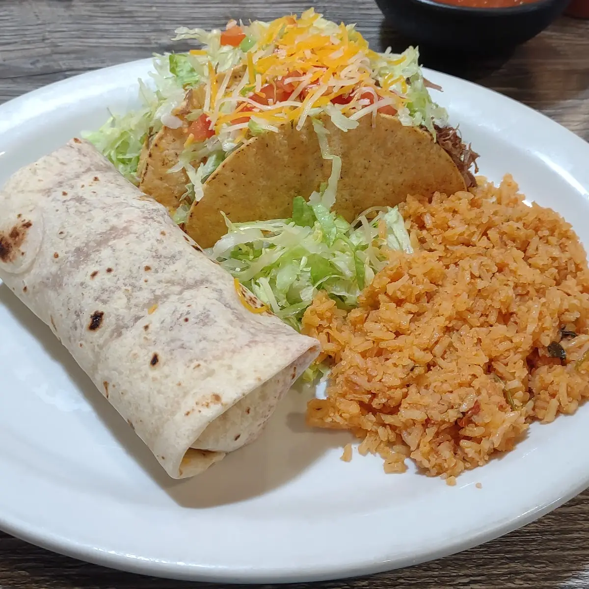 Chile Colorado Burrito with Beef Tacos