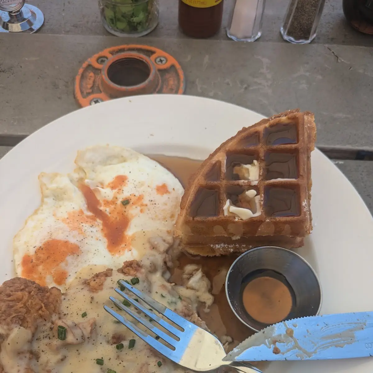 Chicken and Waffles with Miso Soup and Sushi