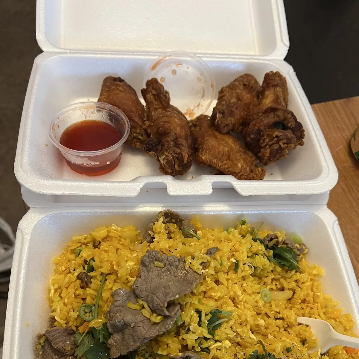 Beef Fried Rice and Fried Chicken Wings