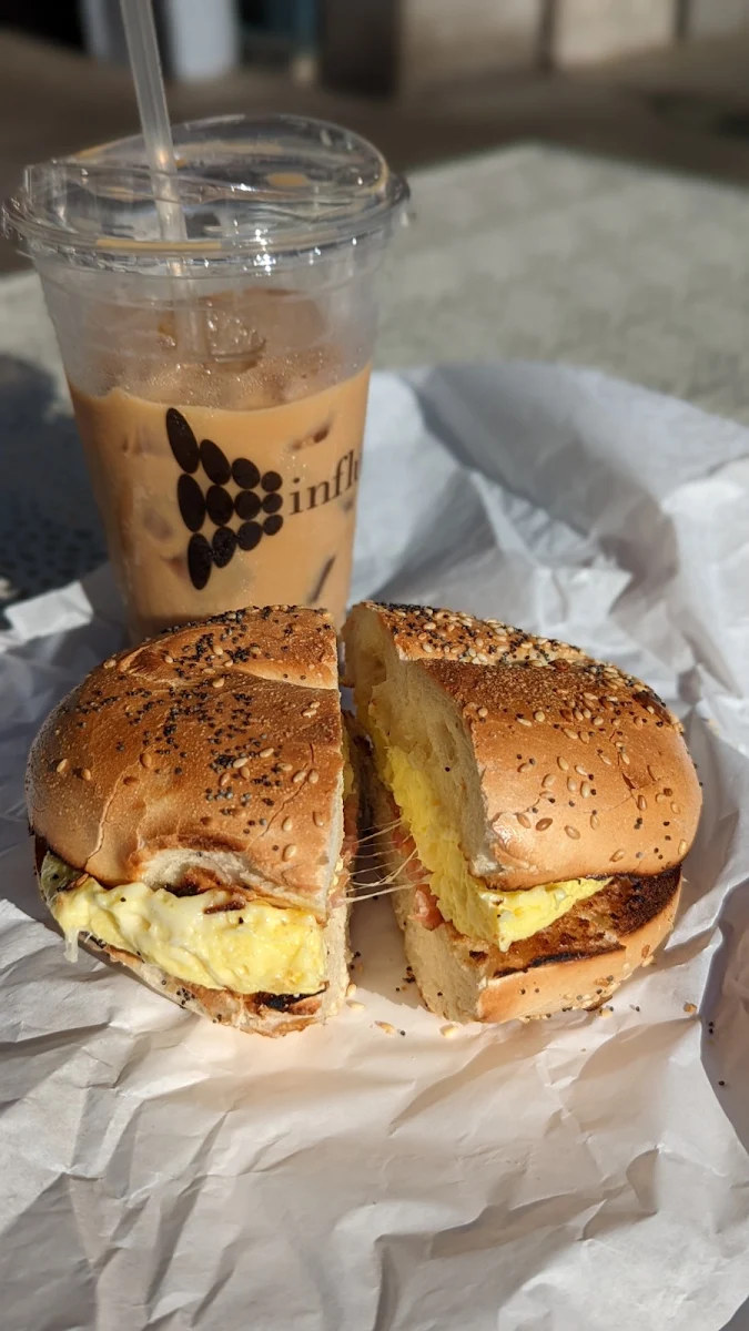 Breakfast Sandwich on Everything Bagel with Iced Coffee